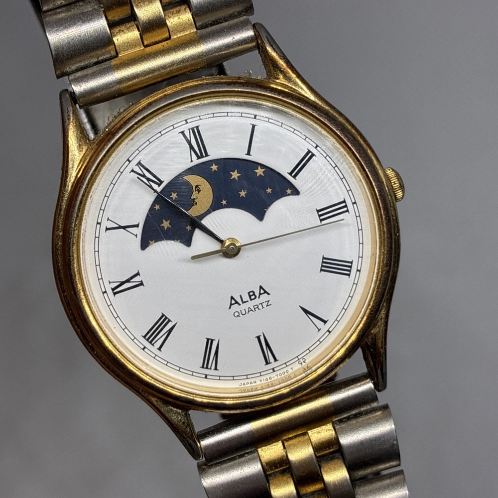 Seiko Alba Moonphase 32mm Men Quartz Watch New Battery working! Y145-7000